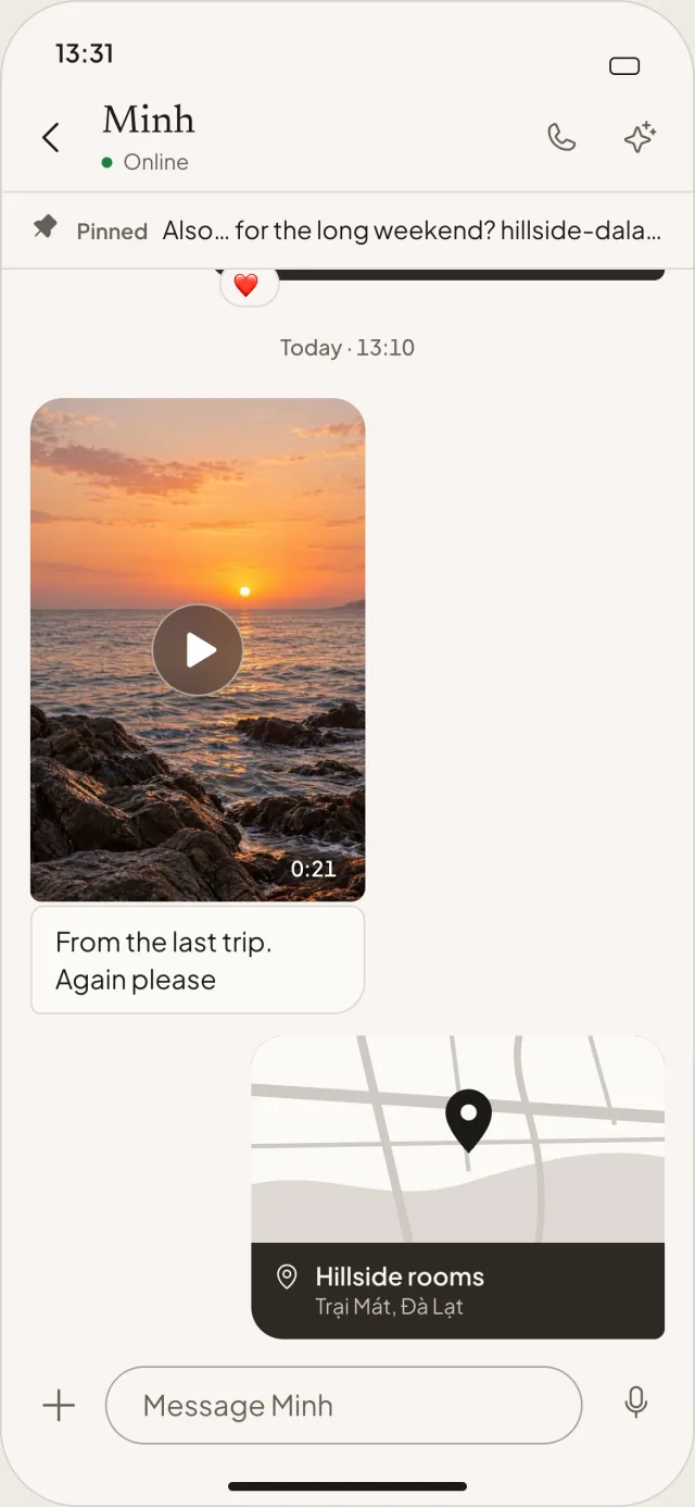 Paira's couple chat with Minh: a sunset video, a note saying 'From the last trip. Again please', and a pinned place, Hillside rooms in Đà Lạt